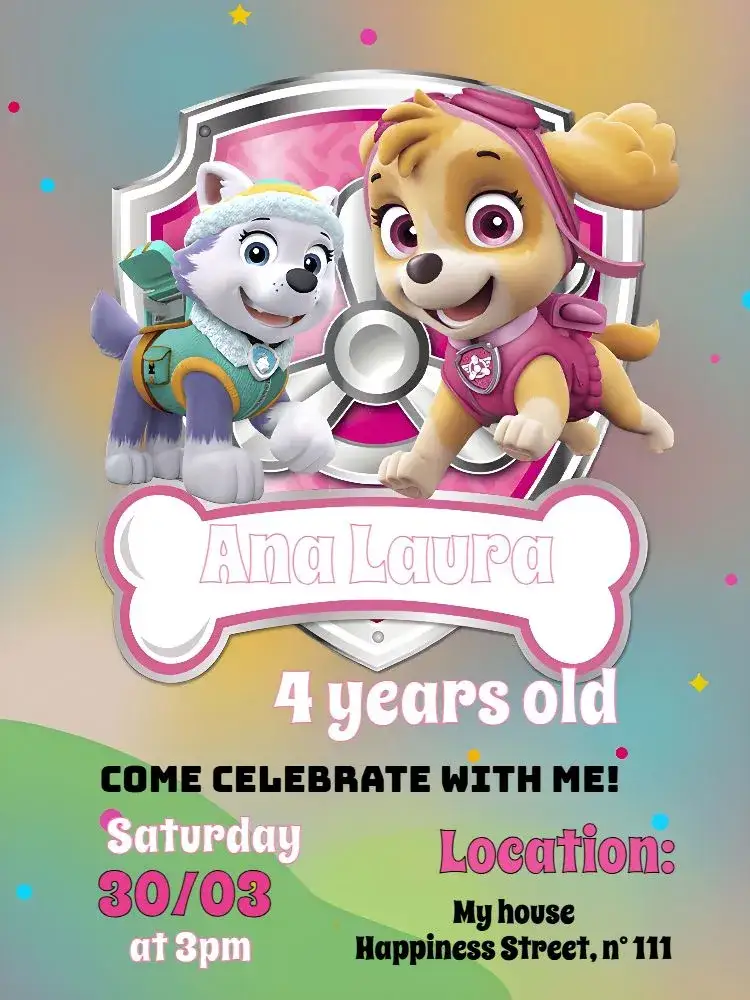 Invitation Patrol Paw Skye Pink – Kids' Birthday Party theme vibrant colors, lively style, dog graphic elements, adventure theme, playful design