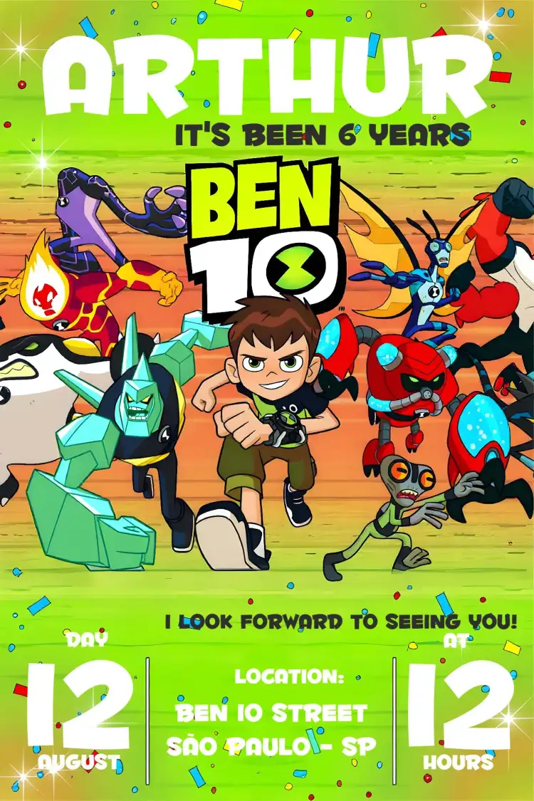 Invitation Ben 10 Green – Kids' Birthday Party theme green, black, superhero theme, adventurous, fun, colorful