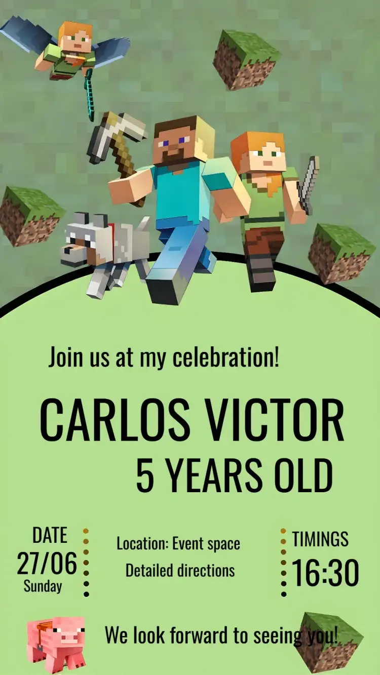 Invitation Minecraft Gamer – Most searched for theme Minecraft graphics, vibrant colors, pixelated style, block elements, adventure theme, gamer aesthetic
