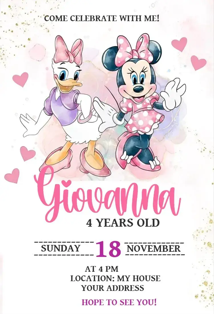 Invitation Minnie and Margarda Watercolor – Card theme watercolor, children's, soft colors, character-themed, festive, colorful