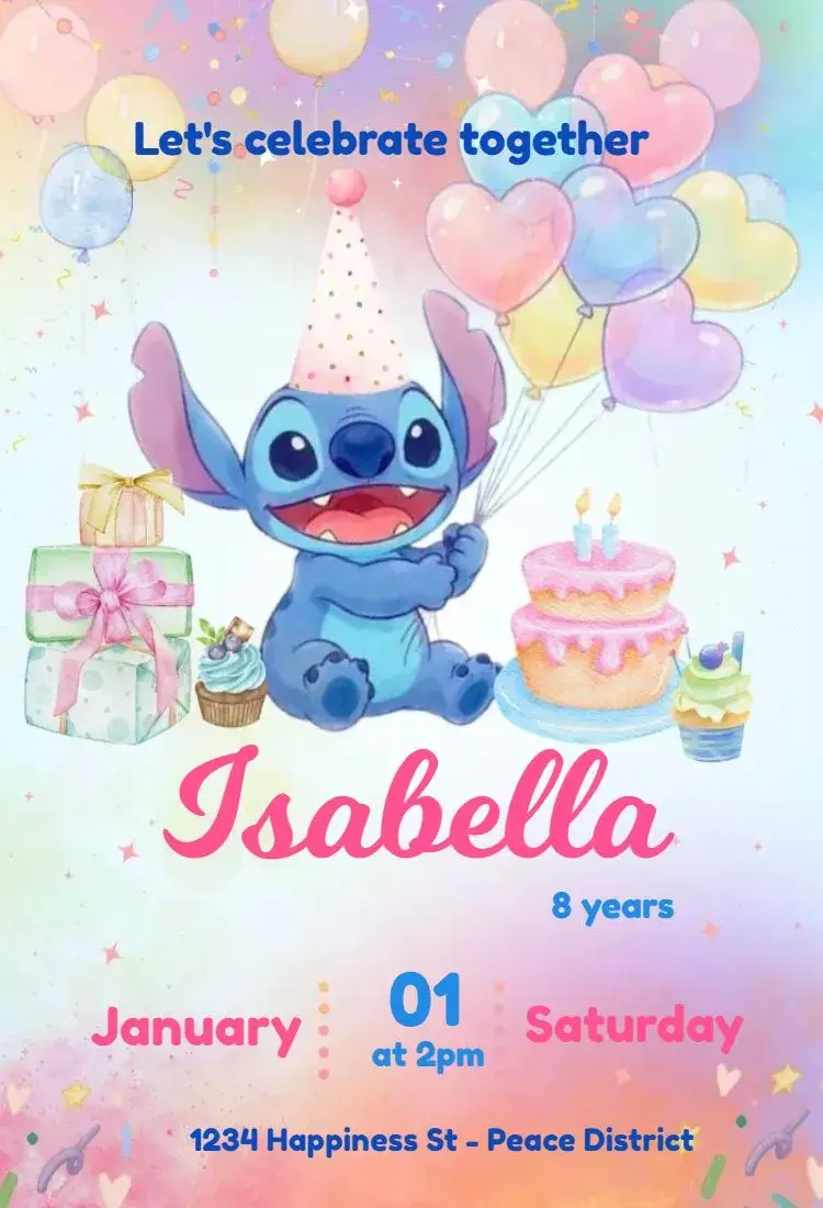 Stitch Watercolor Balloons invitation