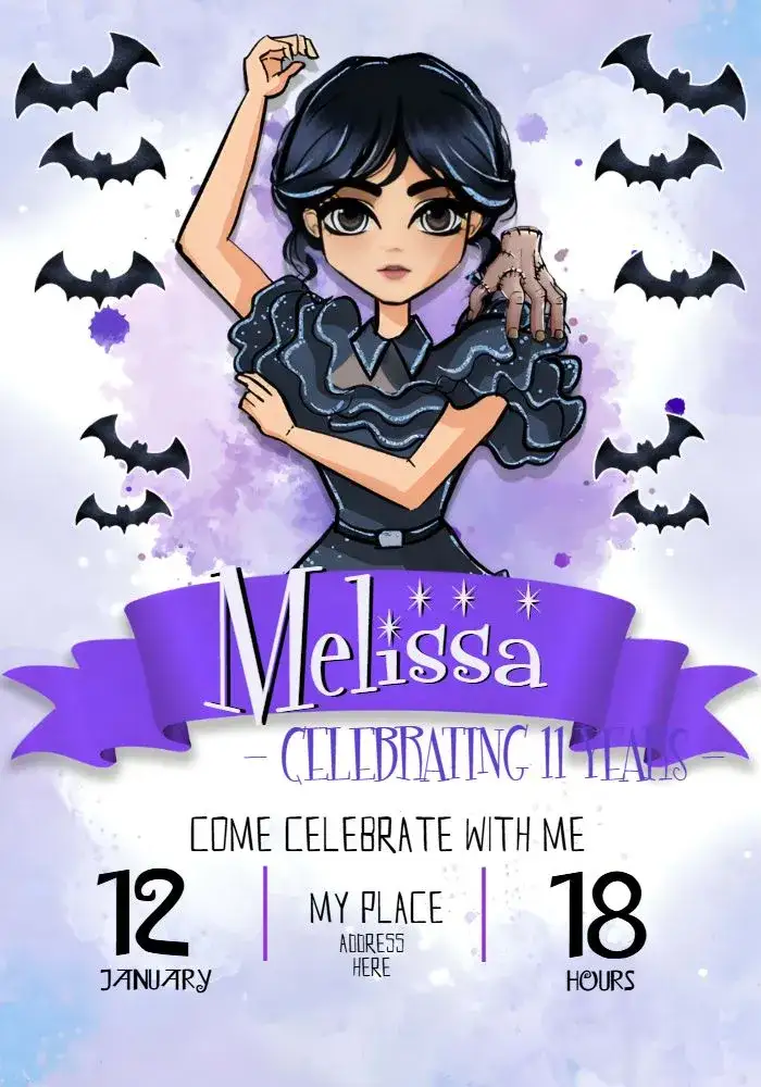 Invitation Wednesday Addams Purple – Most searched for theme purple, lilac, watercolor, themed, fun, modern