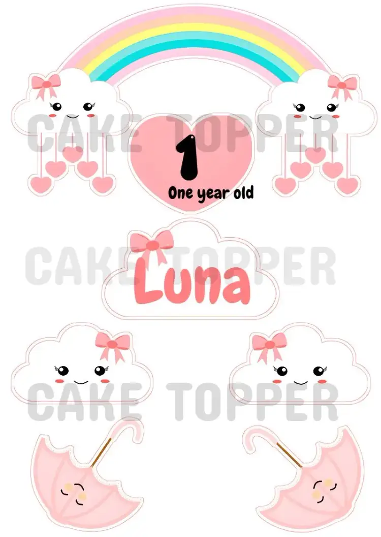 Invitation Topo Cake Rain Love Pink – Cake topper theme pink, white, clouds, rainbow, love, childish