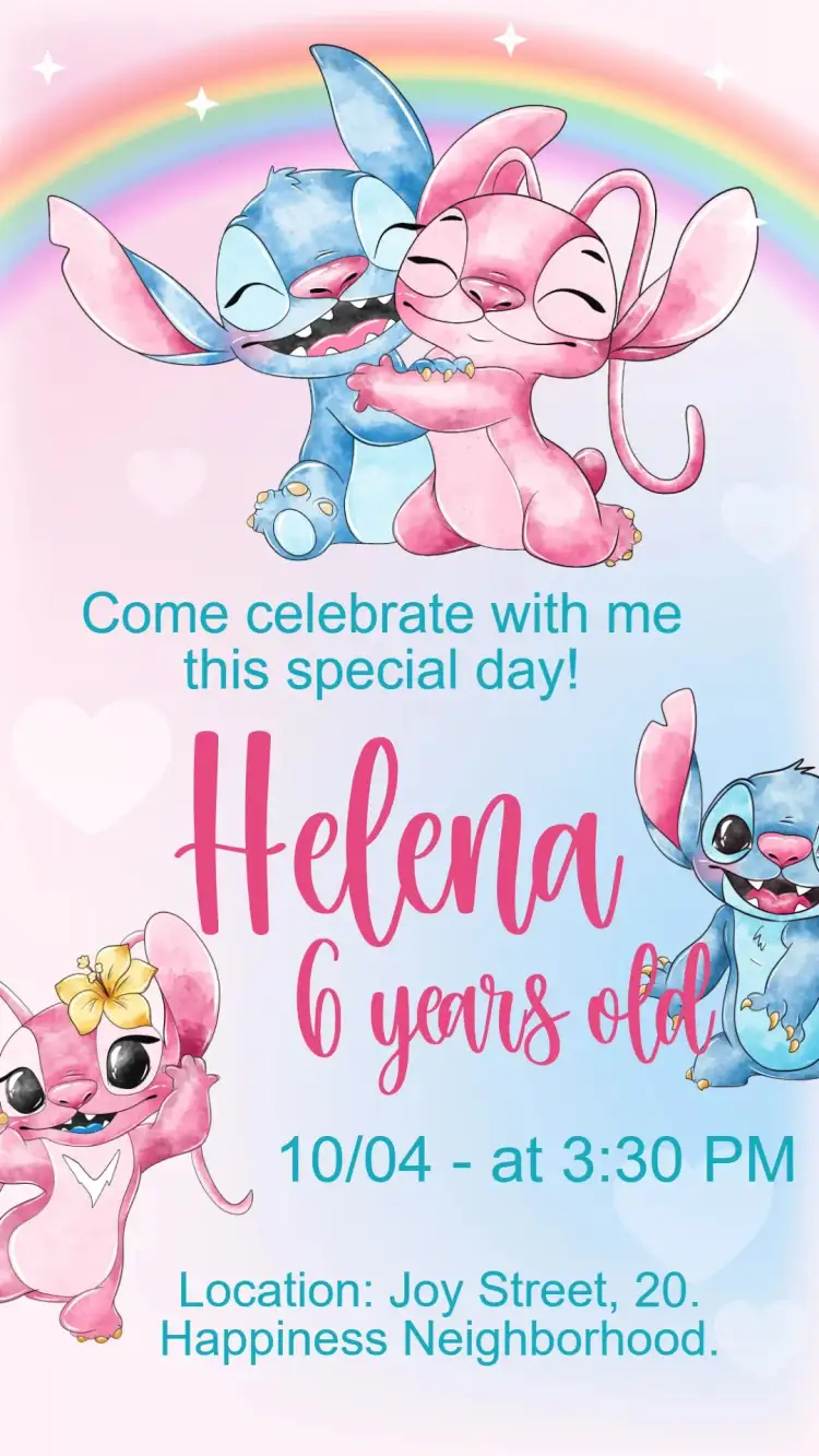 Invitation Stitch and Angel Birthday – Kids' Birthday Party theme watercolor, rainbow, soft colors, Disney theme, feminine, fun illustrations