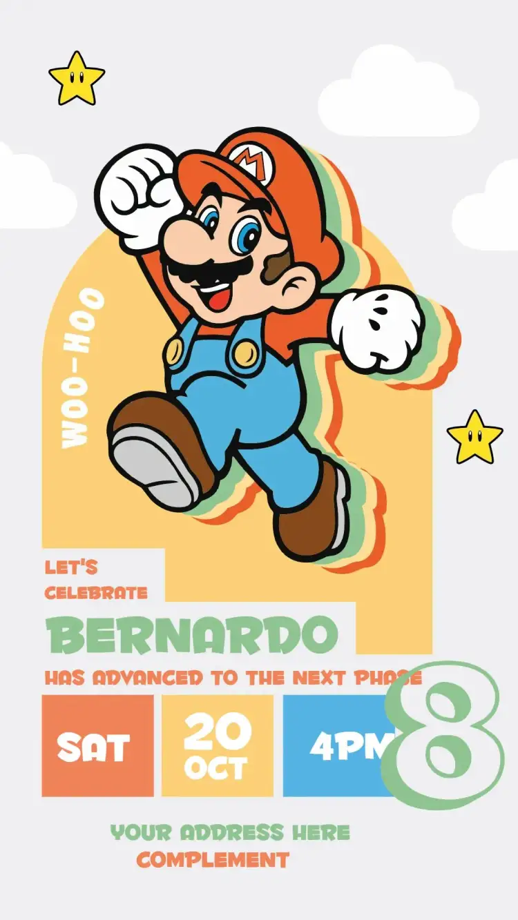Invitation Super Mario – Kids' Birthday Party theme vibrant, playful, colorful, vintage, games, Nintendo