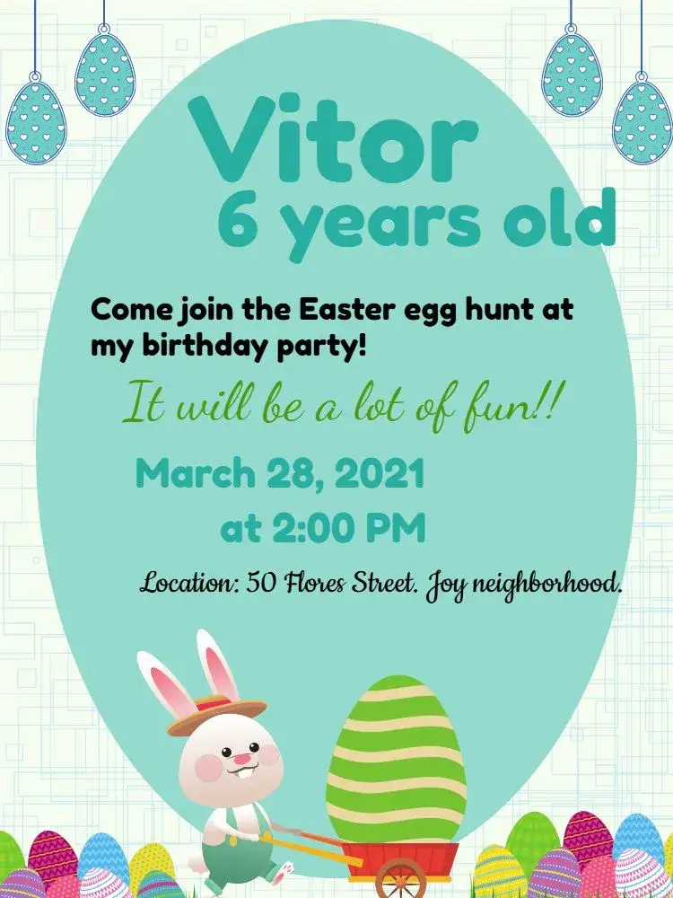 Invitation Easter Egg Hunt – Commemorative Dates theme colorful, childlike, playful, blue and white, rabbits, eggs