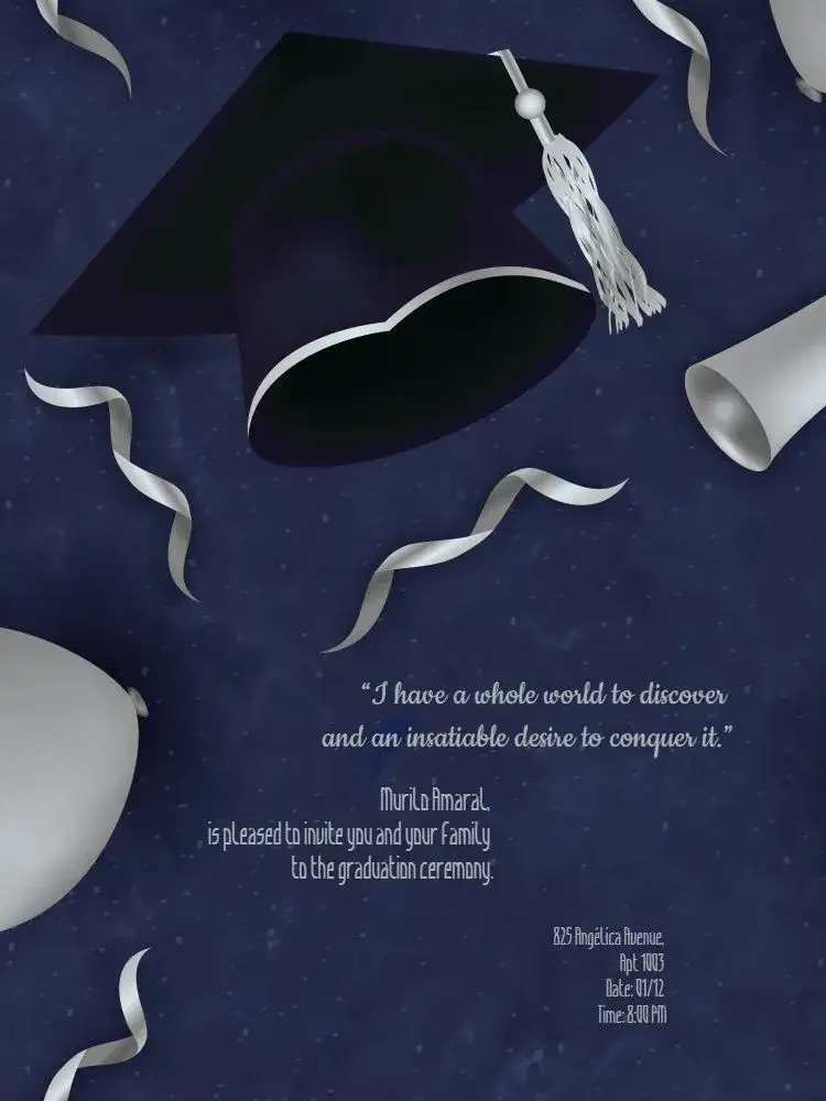 Invitation Online Graduation – Graduation theme navy blue, silver, balloons, modern, elegant, celebration