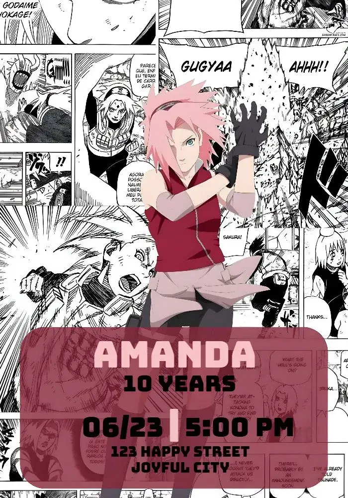 Invitation Naruto Sakura Comics – Kids' Birthday Party theme anime, comics, vibrant colors, modern style, black and pink, fun