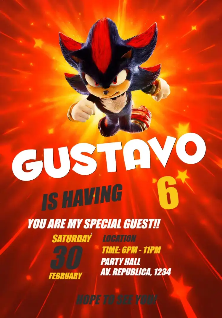 Invitation Sonic 3 Shadow Movie – Kids' Birthday Party theme vibrant, modern, themed, colorful, lively