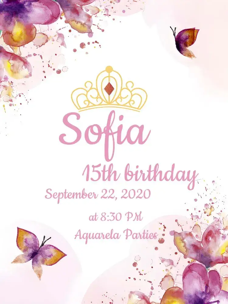 Invitation 15th Birthday Watercolor - Princess Butterflies – Sweet 15 theme watercolor, butterflies, princess, soft colors, charming design, magical style