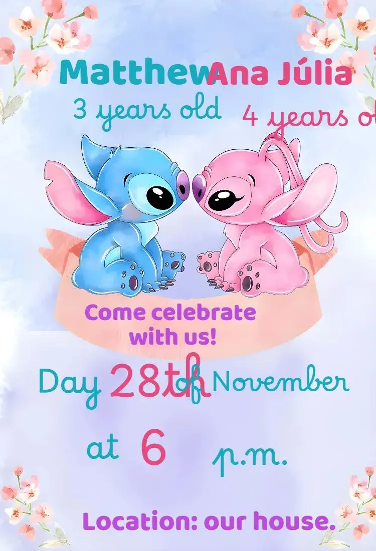Invitation Children's Birthday Invitation Angel and Stitch – Kids' Birthday Party theme vibrant, fun, colorful, character illustration, cartoon style, themed party