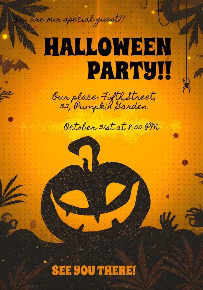 Invitation Halloween Bat Party – Commemorative Dates theme orange and black, elements of horror, bats, spiders, pumpkins, fun style