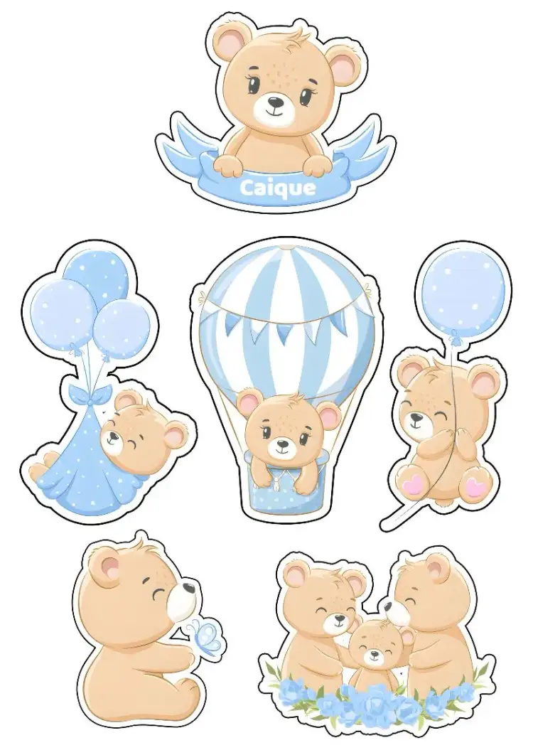 Invitation Topo De Bolo Ursinho Baloeiro Branco – Cake topper theme blue, white, brown, balloons, children's, fun