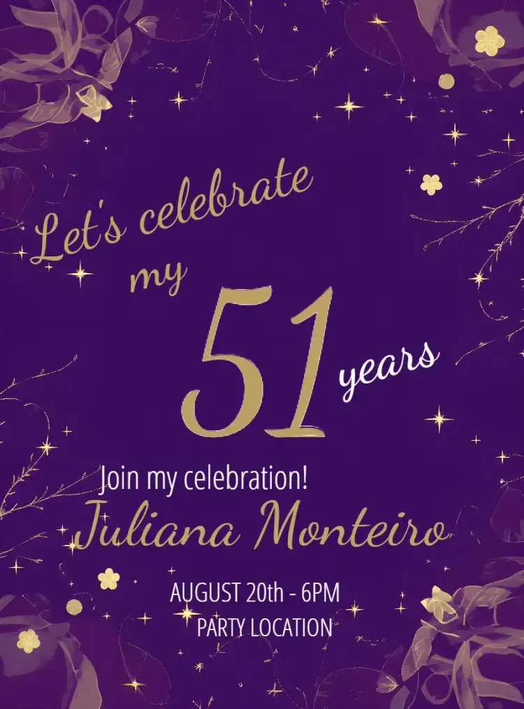 Invitation Purple And Gold Stars 50 – Birthday theme purple, golden, stars, elegant, modern