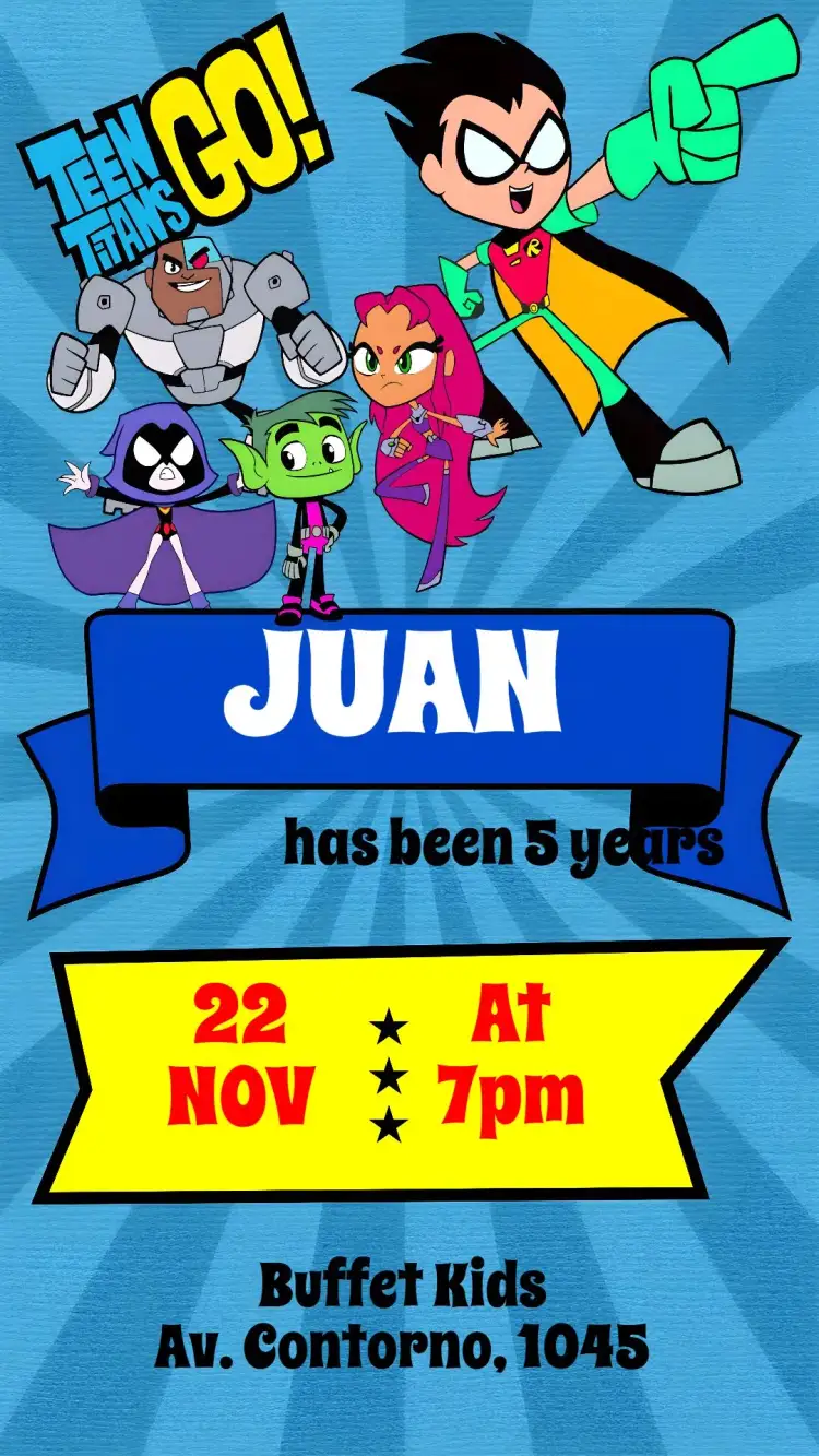 Invitation Teen Titans – Kids' Birthday Party theme colorful, fun, modern, themed, childish