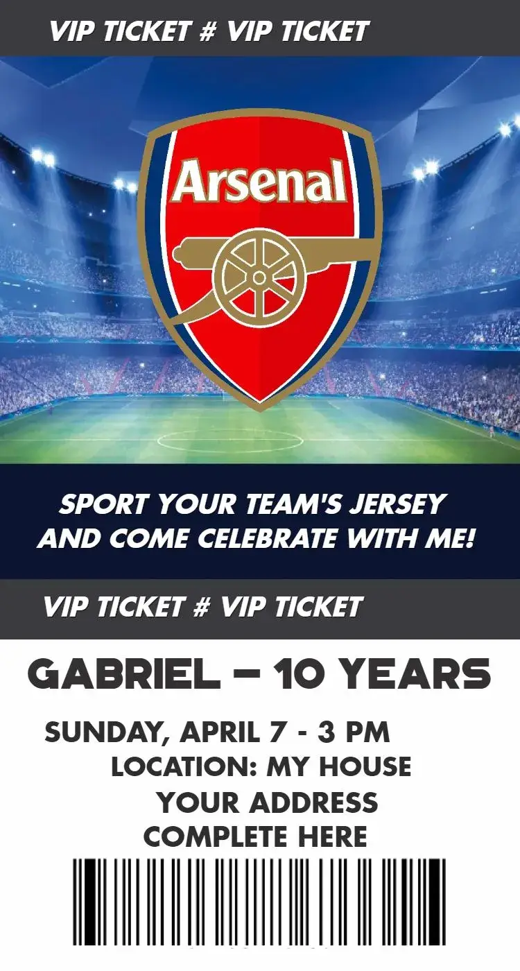 Invite Arsenal ticket editable and customizable