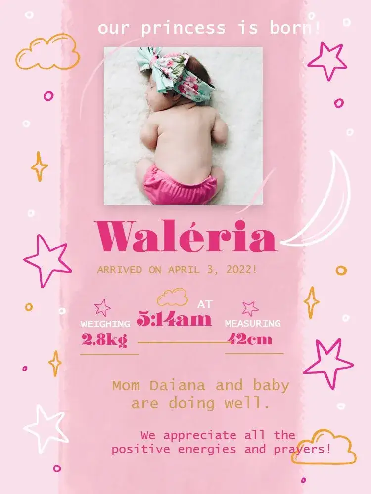 Invitation Baby Girl Birth Celebration Photo Card – Card theme pink, delicate, childlike, playful, stars, photo