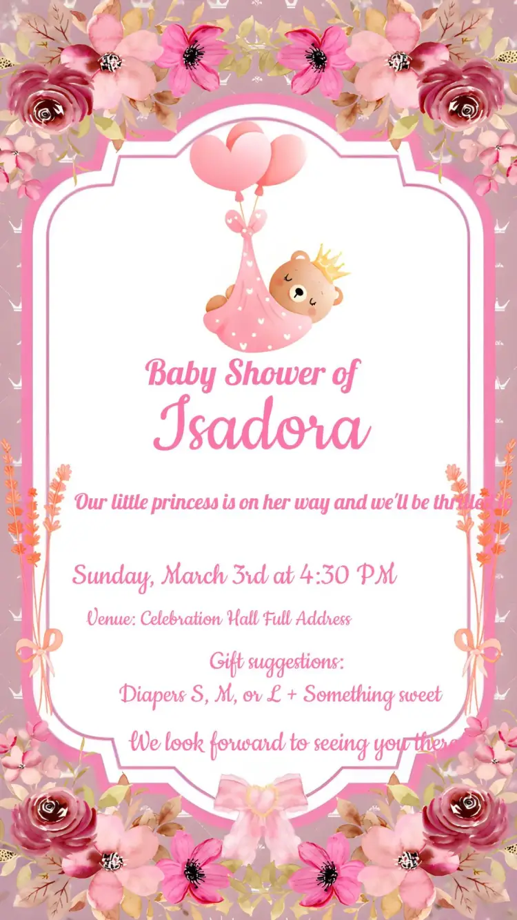 Princess Bear Baby Shower Flowers invitation