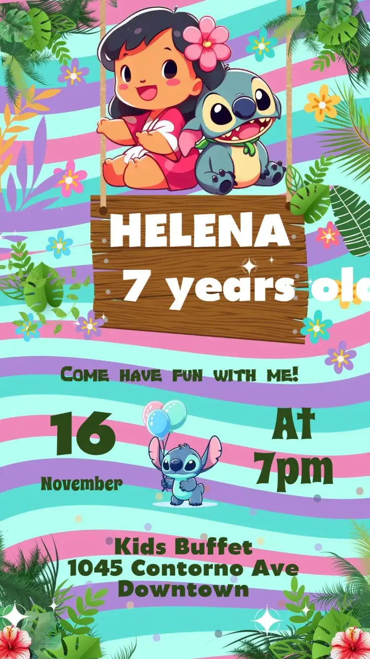 Invitation Lilo and Stitch – Kids' Birthday Party theme colorful, fun, tropical, Disney-themed, childish, lively