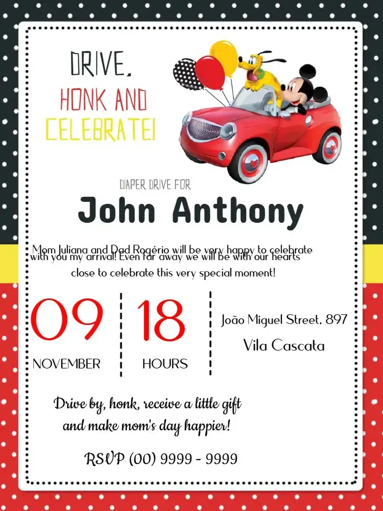 Invitation Mickey Poa Diaper Parade – Diaper Shower theme Mickey Mouse, polka dots, vibrant colors, modern, fun