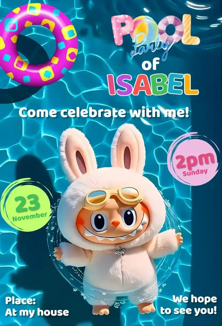 Invitation Labubu Pool Party digital invite pool party invitation – Birthday theme tropical, colorful, modern, cute, summer, kawaii