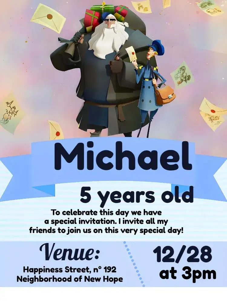 Invitation Klaus Mailman – Commemorative Dates theme blue, white, gray, Christmas-themed, fun, childish