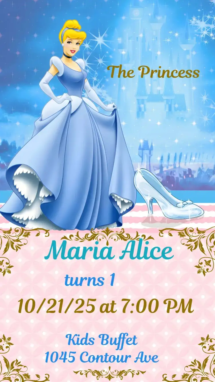Invitation Cinderella – Kids' Birthday Party theme light blue, golden, stars, fairytale style, royalty elements, princess illustrations