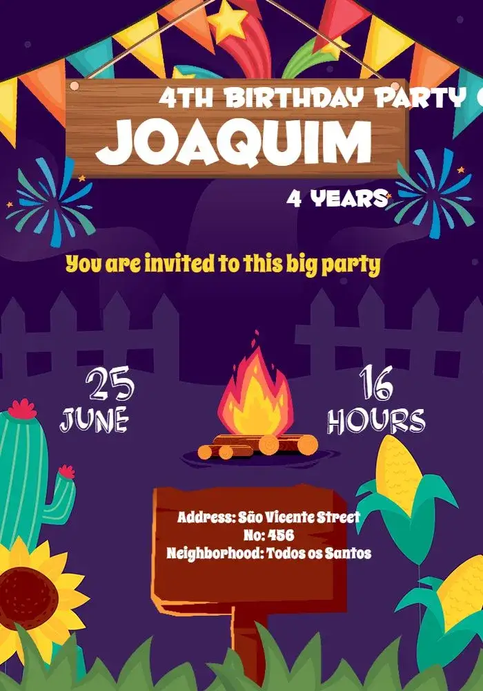 Invitation Arraiá Festa Junina Estrelas – Commemorative Dates theme colorful, festive, traditional, vintage, typical, bright