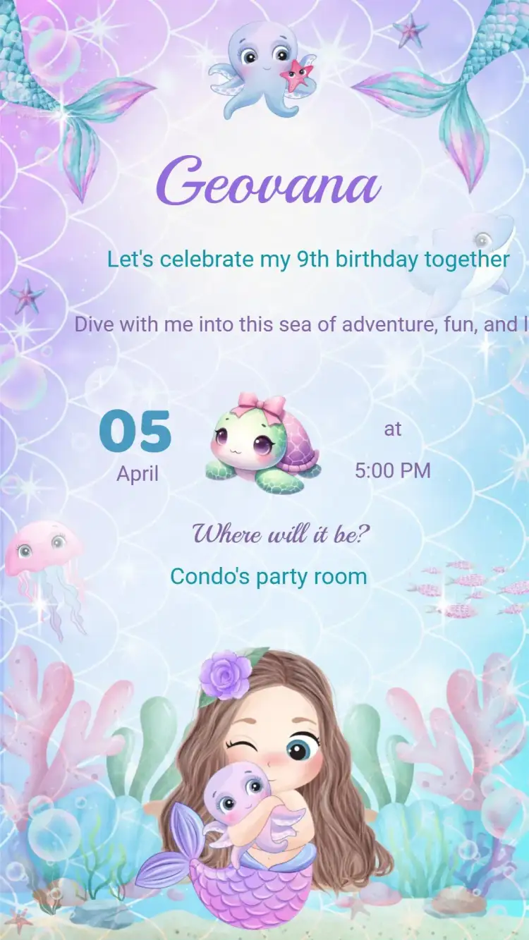 Invitation Birthday Invitation MERMAID BABY – Kids' Birthday Party theme pastel colors, marine elements, playful design, shades of pink, fun illustrations, aquatic style