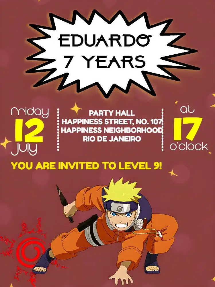 Invitation Naruto Digital – Kids' Birthday Party theme red, yellow, anime, fun, playful, adventure