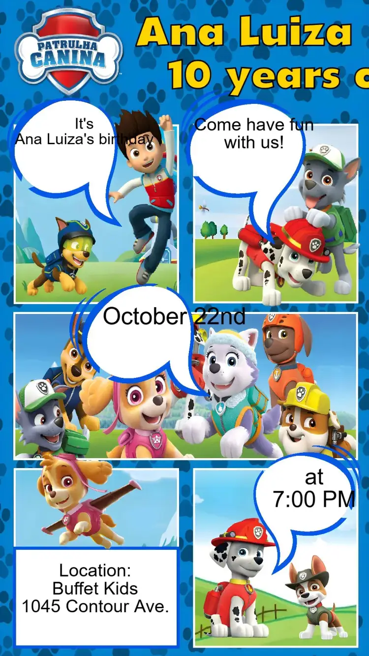 Invitation Paw Patrol – Kids' Birthday Party theme colorful, fun, themed, childlike, animated illustrations