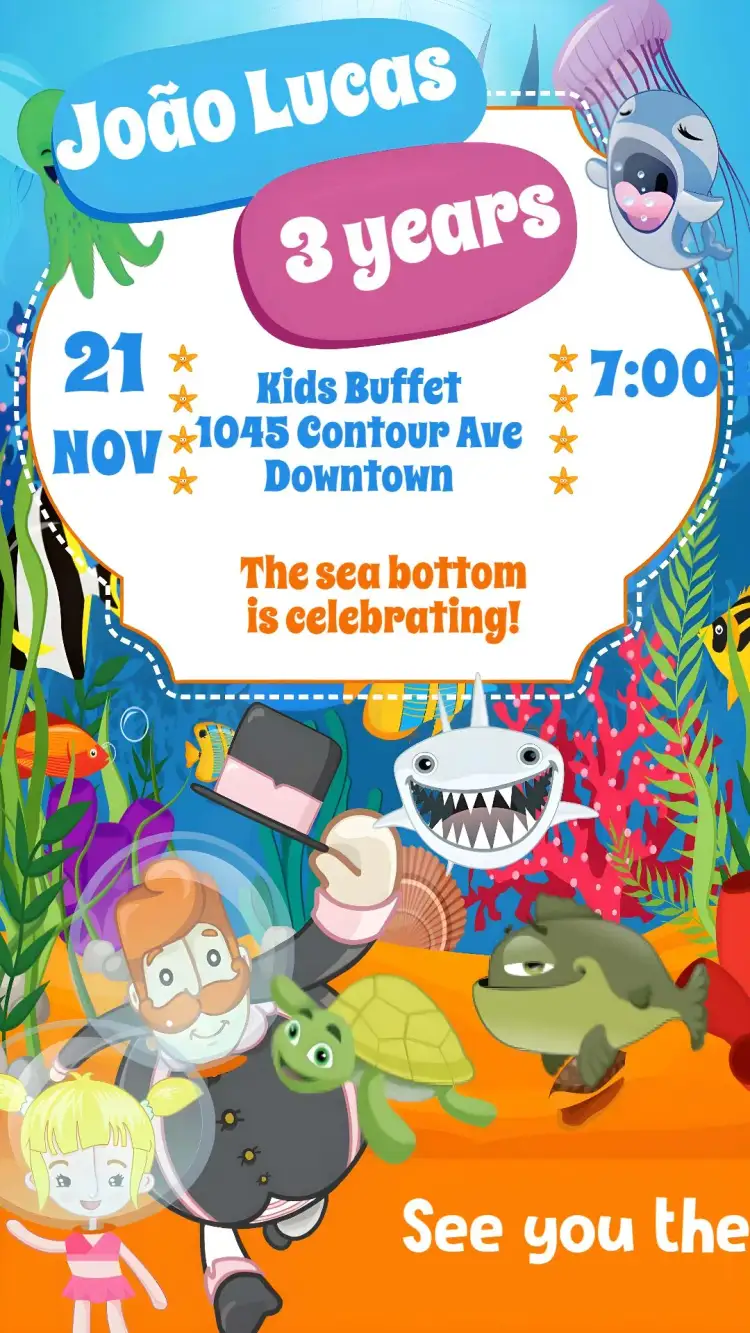 Invitation Mundo Bita Fundo do Mar – Kids' Birthday Party theme colorful, playful, navy, fun, childlike, themed