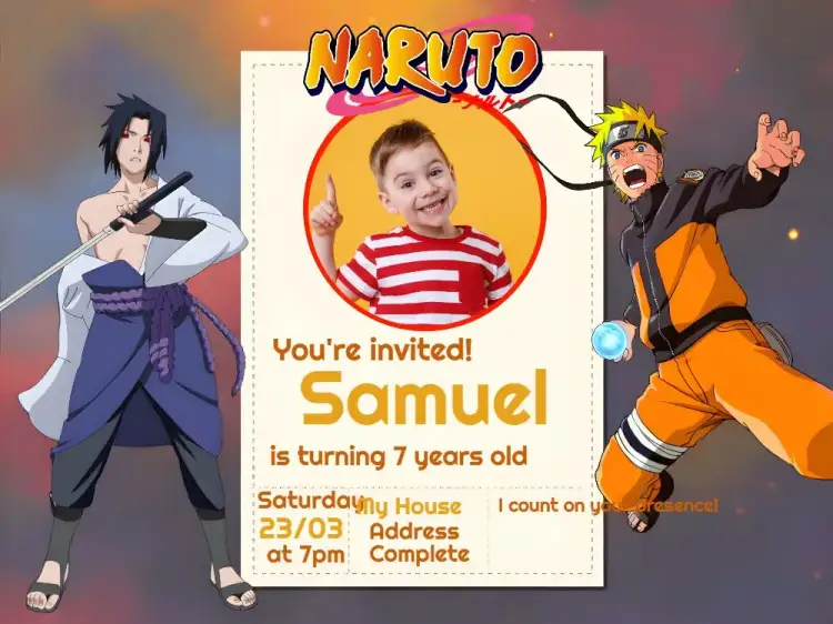Invitation Naruto Ninja With Drawing Photo – Kids' Birthday Party theme ninja, anime, colorful, fun-filled, modern, adventure