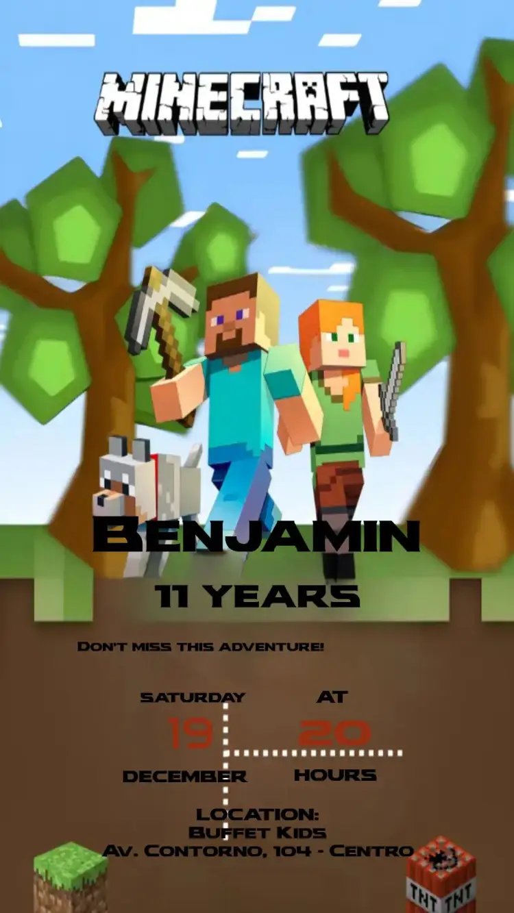 Invitation Minecraft – Kids' Birthday Party theme gamer theme, pixelated style, vibrant colors, game elements, fun design
