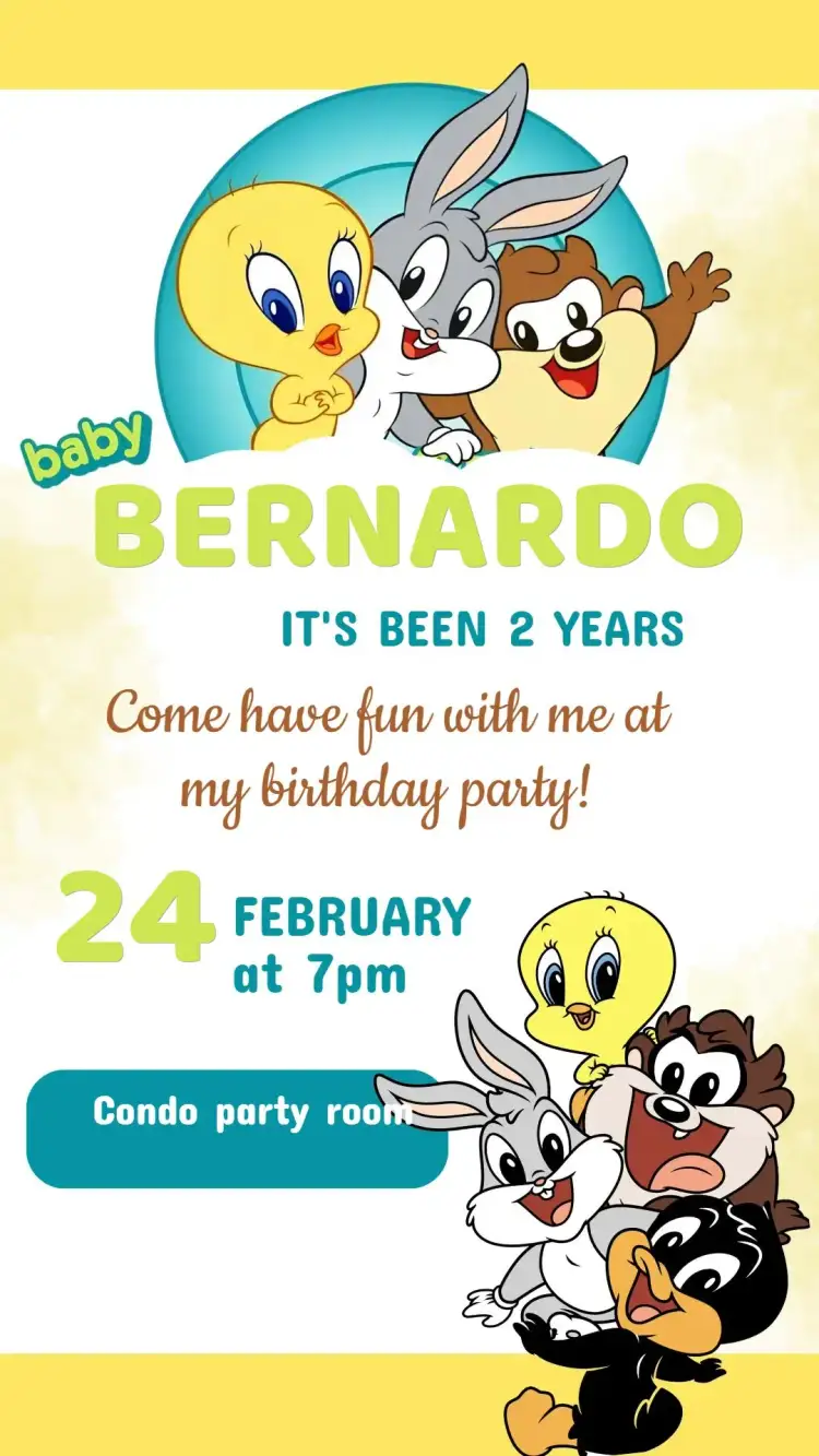 Invitation Baby Looney Tunes Birthday Invitation – Kids' Birthday Party theme colorful, fun, playful, modern, childlike, lively