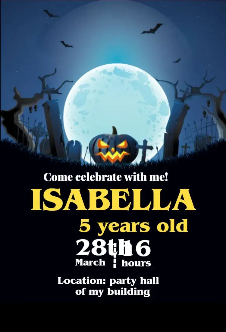 Invitation Digital Halloween For Eidtar Hallowen – Kids' Birthday Party theme Halloween theme, dark colors, witch graphic elements, magical atmosphere, fun style, childish design