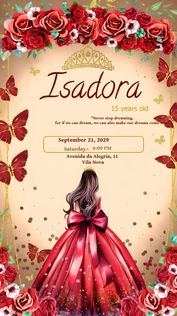 Invitation 15th Birthday Debutante Dress ā Sweet 15 theme red, floral, glitter, princess, elegant, modern