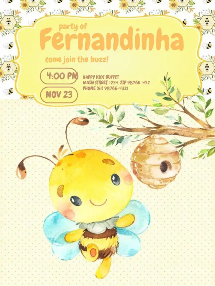Invitation Bee Theme Photo Edit – Kids' Birthday Party theme delicate, playful, colorful, animal-themed, childlike, cheerful