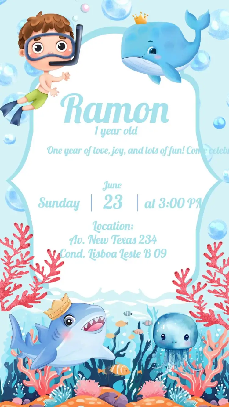 Invitation Under the Sea Whale – Kids' Birthday Party theme navy blue, watercolor, colorful, fun-filled, childlike, nature-themed