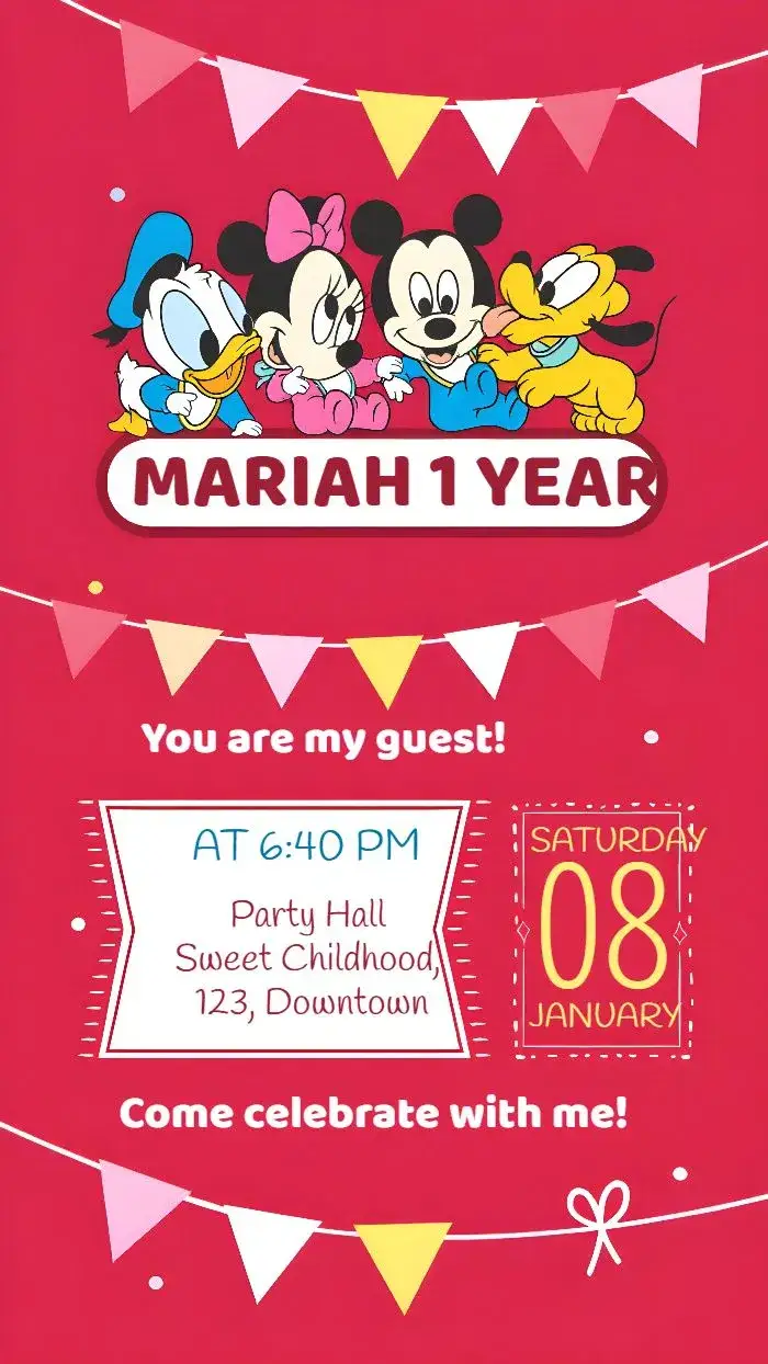 Invitation Class Mickey Mouse Minnie – Kids' Birthday Party theme colorful, playful, fun, childlike, Disney characters, cute