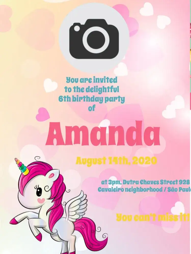 Invitation Unicorn With Girl Photo – Kids' Birthday Party theme pink, fantasy, playful, colorful, bright
