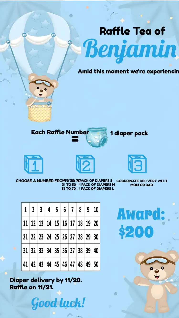Invitation Tea Raffle Teddy Bear Balloonist Tea – Raffle Tea theme blue and white, fun, childish, playful, affectionate