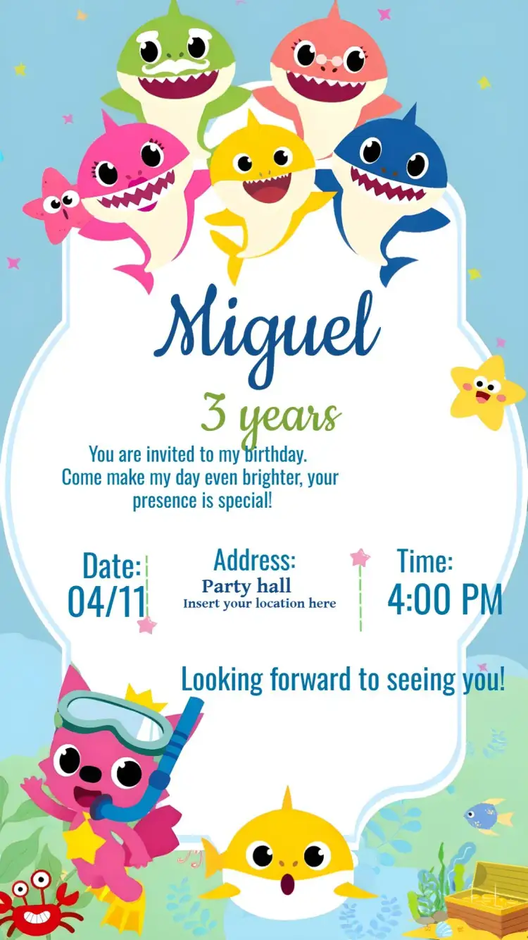 Invitation Baby Shark Shark – Most searched for theme colorful, navy, fun, animals, themed, children's
