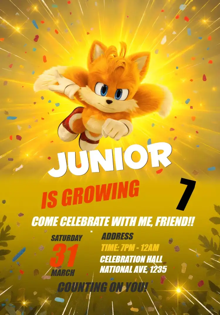 Invitation Sonic 3 Tails Movie – Kids' Birthday Party theme vibrant blue, comic book style, adventure, movie graphic elements, black and yellow, dynamic design