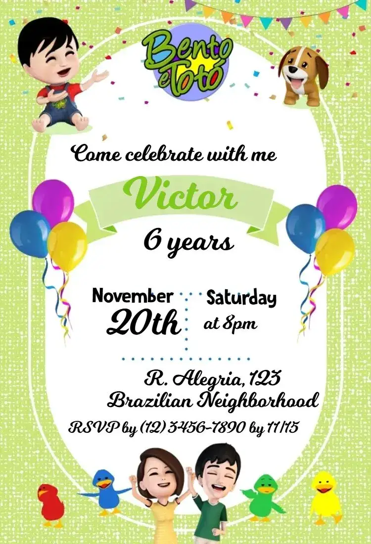 Invitation Bento and Totó Green – Kids' Birthday Party theme colorful, fun, childish illustrations, modern, playful