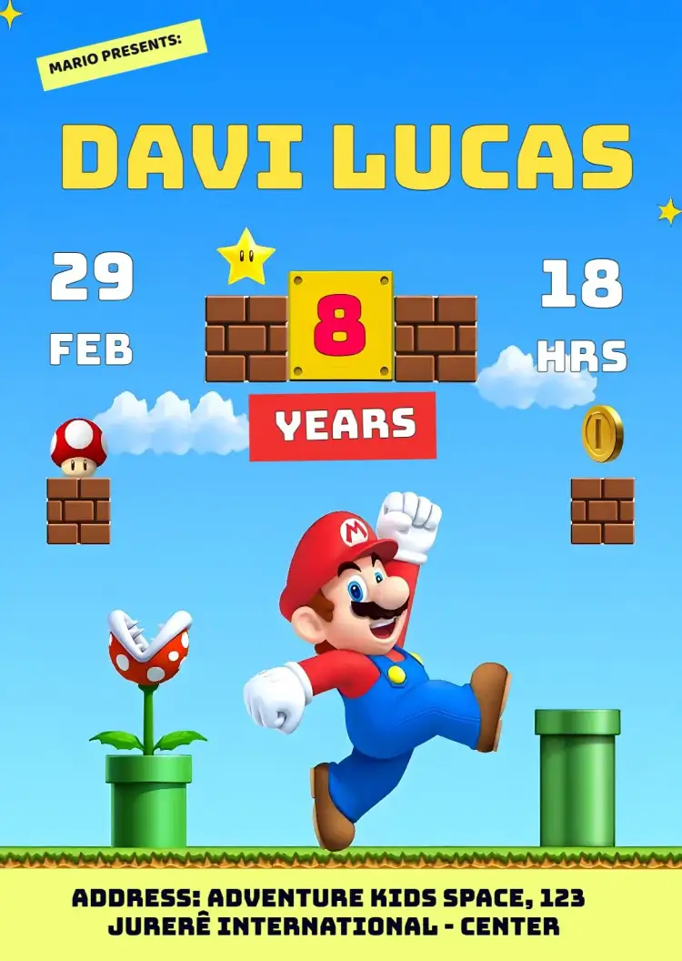 Invitation Super Mario Bros Kids – Kids' Birthday Party theme colorful, themed, adventure, games, fun, childish
