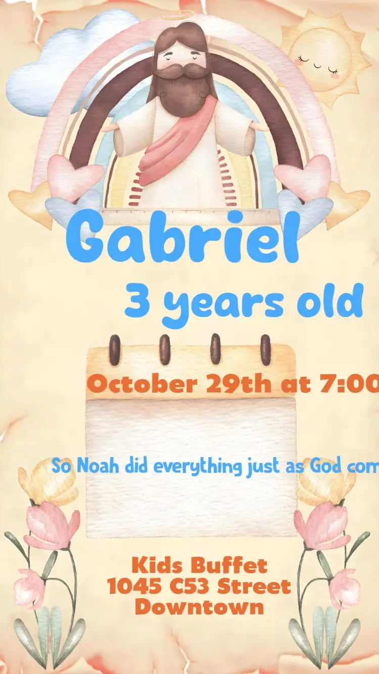 Invitation Jesus – Kids' Birthday Party theme hearts, light blue, childish illustrations, religious, cheerful, colorful