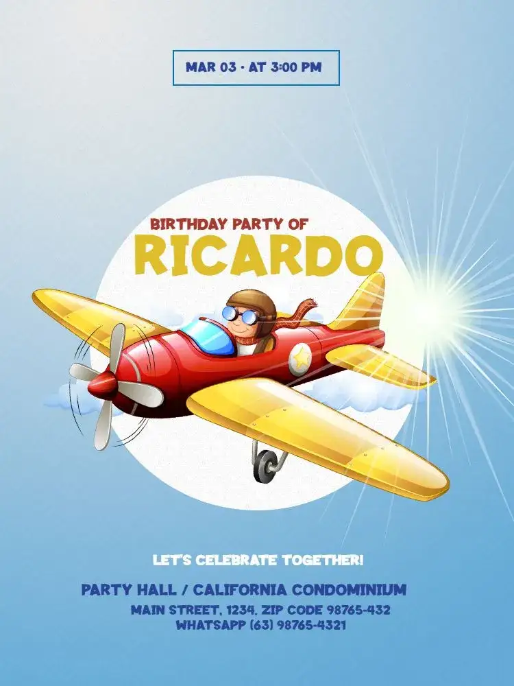 Invitation Boys' Airplane Themed Invitation – Kids' Birthday Party theme light blue, airplanes, clouds, playful design, childlike style, fun graphic elements