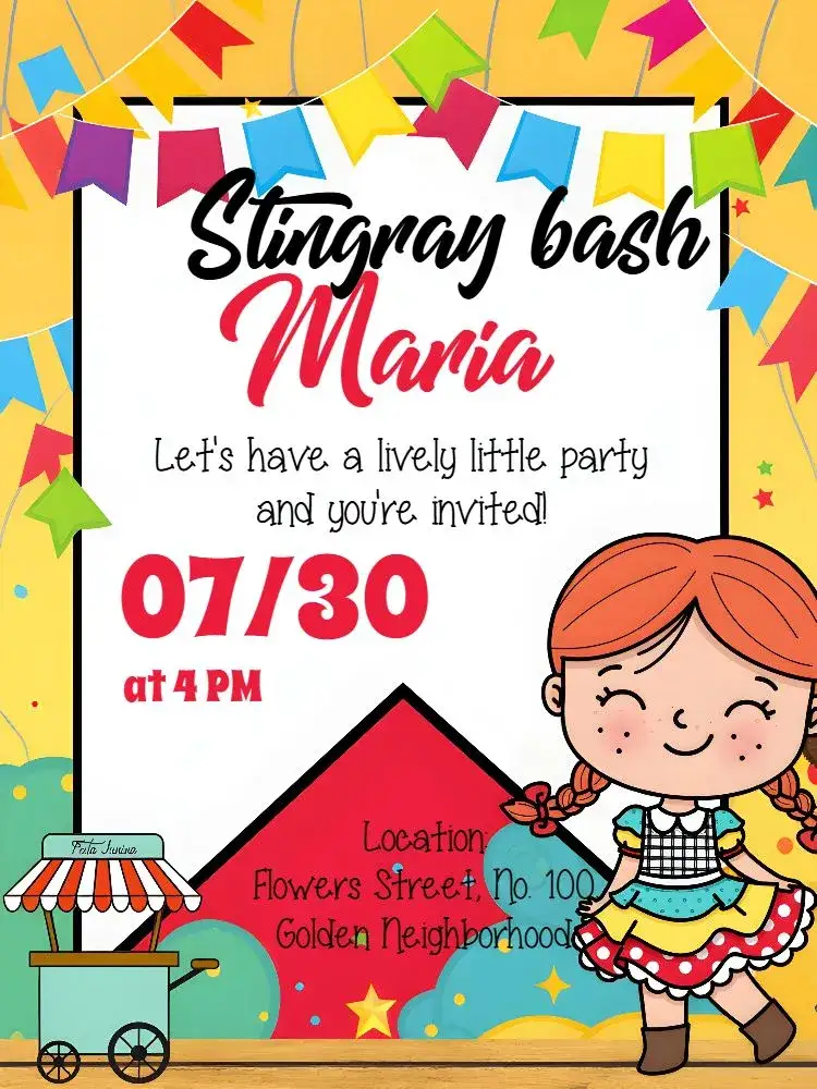 Invitation Arraiá Festa Junina Menina – Commemorative Dates theme colorful, festive, typical, vibrant, cheerful, childlike