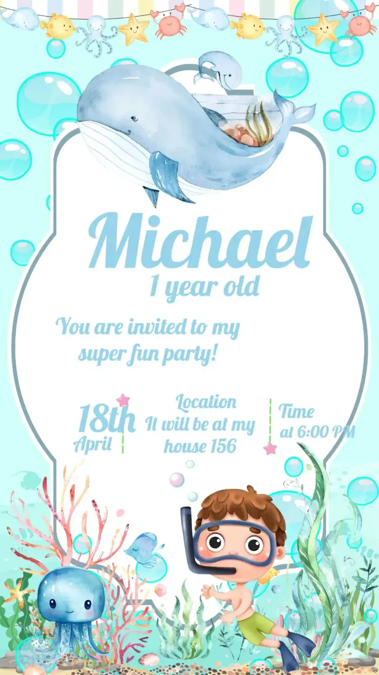 Invitation Blue Sea Background – Kids' Birthday Party theme under the sea theme, watercolor theme, childish style theme, blue and white colors theme, marine elements theme, delicate design theme